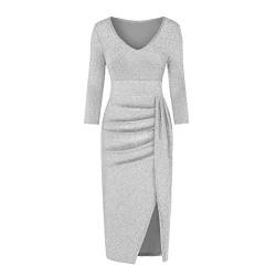 Ansenesna Abendkleider Damen mit Schlitz Glitzer Elegant Kleid Frauen Party Festlich Hochzeit Cocktailkleid V Ausschnitt Langarm Abschlussball Kleider (Silber, s) von Ansenesna