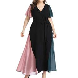 Ansenesna Abendkleider Für Mollige Damen V Ausschnitt mit Gürtel Elegant Kleid Frauen Große Größen Chiffon Partykleider Festlich Maxikleid (Schwarz,XXXL) von Ansenesna