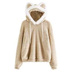 Ansenesna Damen Hoodie Mit Ohren Flauschig Warm Kapuze Elegant Pullover Frauen Plüsch Fleece Einfarbig Pulli (T Khaki, M) von Ansenesna