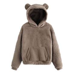 Ansenesna Damen Hoodie Mit Ohren Teddyfleece Pullover Flauschig Warm Kapuze Elegant Pullover Frauen Plüsch Fleece Einfarbig Pulli von Ansenesna