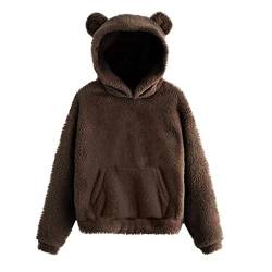 Ansenesna Damen Hoodie Mit Ohren Teddyfleece Pullover Flauschig Warm Kapuze Elegant Pullover Frauen Plüsch Fleece Einfarbig Pulli von Ansenesna