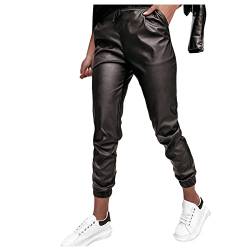 Ansenesna Damen Hose Lederoptik Gummibund Leder Hose Mit Gummizug Lederhose Elegant Frauen Kordelzug Hosen Lederimitat Matt Lange Beine Hose mit Bündchen von Ansenesna