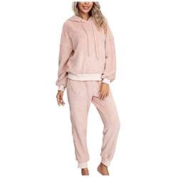 Ansenesna Hausanzug Damen Flauschig Warm Mit Kapuze Hausanzug Damen Teddy Fleece 2 Teiler Winter Schlafanzug Zweiteiler Frauen Plüsch Thermo Gefüttert Hosenanzug Frauen Kuschelig Pajamas 2 Teiler von Ansenesna