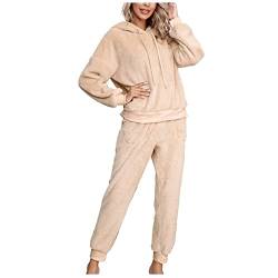 Ansenesna Hausanzug Damen Flauschig Warm Mit Kapuze Hausanzug Damen Teddy Fleece 2 Teiler Winter Schlafanzug Zweiteiler Frauen Plüsch Thermo Gefüttert Hosenanzug Frauen Kuschelig Pajamas 2 Teiler von Ansenesna