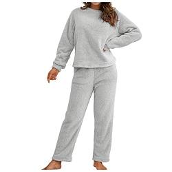 Ansenesna Hausanzug Fleece Damen Flauschig Teddyplüsch Gefüttert Winter Elegant Bekleidungsset Zweiteilig Frauen Teddyfleece Warm Freizeitanzug 2 Teilig Langarm Oberteile und Hose (Grau,M) von Ansenesna