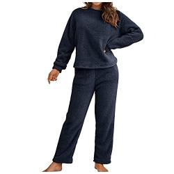 Ansenesna Hausanzug Fleece Damen Flauschig Teddyplüsch Gefüttert Winter Elegant Bekleidungsset Zweiteilig Frauen Teddyfleece Warm Freizeitanzug 2 Teilig Langarm Oberteile und Hose (Marineblau,M) von Ansenesna