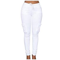 Ansenesna Hose Damen Mit Seitentaschen Stretch Skinny Elegant Jeggings Frauen Gummibund mit Drawstring Waist Eng Hosen Einfarbig (Weiss,L) von Ansenesna