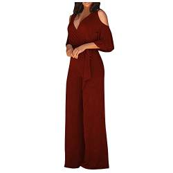 Ansenesna Jumpsuit Damen Festlich Hochzeit Overall Sommer Lang Elegant Weites Bein Jumpsuits Onesie Frauen V Ausschnitt Kurzarm Overalls mit Gürtel Kuschelig Abendmode Playsuit von Ansenesna