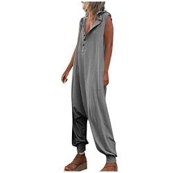 Ansenesna Jumpsuit Damen Sommer Lang Harem Jumpsuits Damen Elegant Kuschelig Knöpfen Overall Einteiler Damen Einfarbig Leicht Eleganter Playsuit mit Kapuze Onesie Frauen Weit Ärmellos Romper von Ansenesna