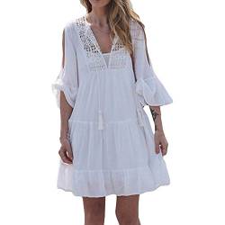 Ansenesna Kleid Damen Boho Sommer Kurz Locker Mini Sommerkleider Spitze Strandkleid Mit 3/4 Ärmeln Weiß (L, Weiss 5) von Ansenesna