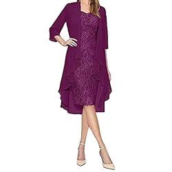 Ansenesna Kleid Damen Festlich Hochzeit Knielang Elegant Abendkleider Frauen Ärmellos Kleider und Spitze Cardigan Zweiteilig (Violett, XL) von Ansenesna