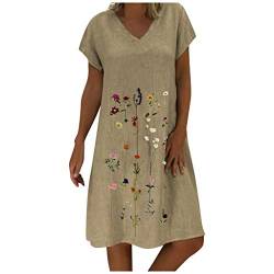 Ansenesna Kleid Damen Leinen Baumwolle Sommer Blumen Knielang Elegant Leichte Sommerkleider Frauen V Ausschnitt A Linie Kurzarm Leinenkleider Große Größen Kleider (Grau,L) von Ansenesna