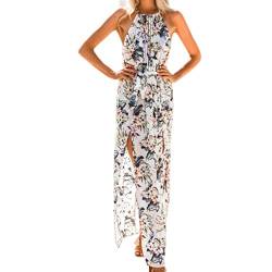 Ansenesna Kleid Damen Sommer Lang Mit Schlitz Blumen Boho Maxi Strandkleid Frauen Neckholder Party Strand Partykleid (S, Weiss) von Ansenesna