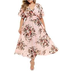 Ansenesna Kleid Große Größen Damen Festlich Party Hochzeit Abendkleider Blumen Lang V Ausschnitt Elegant Cocktailkleid Für Mollige Frauen Mit Ärmel Chiffon Maxi Kleider (Rosa,XXXXXL) von Ansenesna