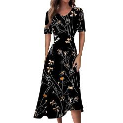 Ansenesna Kleider Damen V Ausschnitt Vintage Sommerkleid Damen Blumen Leicht Elegant Luftige Sommerkleider Wadenlang A Linie Midi Kleid Frauen Kurzarm Strandkleid Plissee Damenkleider von Ansenesna