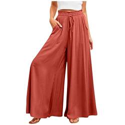 Ansenesna Leichte Sommerhose Damen High Waist Weites Bein Hose Gummibund Elegant Frauen Oversize Hosen mit Kordelzug Hoher Bund Baggy Freizeithose Einfarbig von Ansenesna