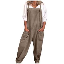 Ansenesna Leinen Jumpsuit Damen Mit Taschen Sommer Lang Elegant Latzhose Frauen Weites Bein Locker Einfarbig Overall (Khaki,M) von Ansenesna