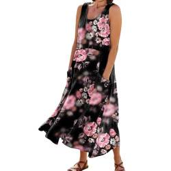 Ansenesna Maxikleider Damen Sommer Blumen Langes Sommerkleid Damen Leicht Elegant Maxi Kleider Ärmellos Strandkleid Frauen Locker Luftige Sommerkleider mit Taschen Leichte Italienische Kleider von Ansenesna