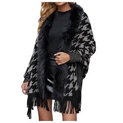 Ansenesna Poncho Damen Winter Mit Fell Lang Strickjacken für Damen Warm Strickjacke Fellkragen Strickmantel Frauen Feinstrick Quasten Cardigan Mit Schalkragen von Ansenesna