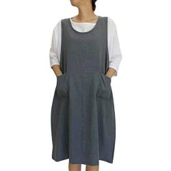 Ansenesna Schürze Damen Baumwolle Leinen Knielang Elegant Kleid Frauen Einfarbig Locker Schürze mit Taschen (Dunkelgrau,XL) von Ansenesna