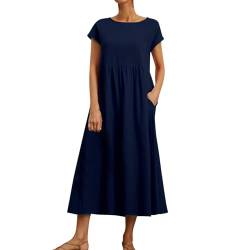 Ansenesna Sommerkleid Damen Midi Elegant Kleider Damen Sommer Locker Midikleid Frauen Kurzarm Luftige Sommerkleider Leicht und Luftig Kleid Tailliert Weite Strandkleid mit Taschen von Ansenesna