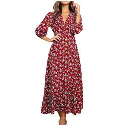 Ansenesna Sommerkleid Damen Vintage Geblümt Leichte Sommerkleider Damen Elegant Lang Kleider Frauen Sommer V Ausschnitt Kleid 3/4 ärmel Luftige Damenkleider mit Knöpfen Blumen Maxikleider von Ansenesna