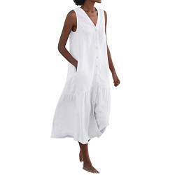 Ansenesna Strandkleid Damen V Ausschnitt Sommerkleid Mit Knöpfen Damen Wadenlang Kleider Damen Sommer Lang Luftige Sommerkleider Elegant Frauen Ärmellos Kleid Leicht Elegante Damenkleider von Ansenesna