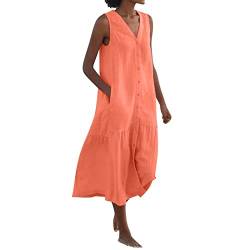 Ansenesna Strandkleid Damen V Ausschnitt Sommerkleid Mit Knöpfen Damen Wadenlang Kleider Damen Sommer Lang Luftige Sommerkleider Elegant Frauen Ärmellos Kleid Leicht Elegante Damenkleider von Ansenesna