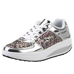 Damen Sneaker Glitzer Pailletten Lack Elegant Schnürung Schuhe Frauen Dicker Sportschuhe（Silber，39） von Ansenesna