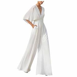 Hosenanzug Damen Festlich Hochzeit Jumpsuit Damen Elegant V Ausschnitt Jumpsuits Für Hochzeitsgäste Lang Weites Bein Overall Einteiler Frauen Kuschelig Rückenfrei Onesie Lange Beine von Ansenesna