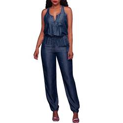 Jeans Jumpsuits Damen Sommer Lang Jumpsuit mit reissverschluss Damen Elegant Kuschelig Overall Einteiler Damen Ärmellos Onesie Frauen Lange Beine Denim Playsuit Mit Taschen von Ansenesna