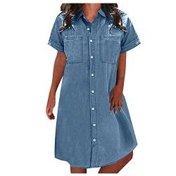 Jeanskleid,Sommerkleid Damen A Linie Luftige Sommerkleider Elegant Kurzes Kleider mit Taschen Damen Sommer Hemdkleid zum Knöpfen Denim Kleider Frauen Kurzarm Elegante Damenkleider von Ansenesna