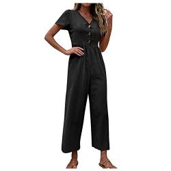 Jumpsuit Damen 7/8 Lang Sommer V Ausschnitt Overall Damen Elegant Kuschelig Strand Jumpsuits Damen Einteiler Weites Bein Eleganter Playsuit Frauen Knöpfen Romper Einfarbig Onesie von Ansenesna