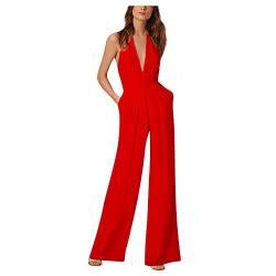 Overall Damen Festlich V Ausschnitt Jumpsuit Damen Elegant Für Hochzeit Jumpsuits Rückenfrei Overall Einteiler Damen Lang Weites Bein Hosenanzug Frauen Kuschelig Neckholder Ärmellos Onesie von Ansenesna