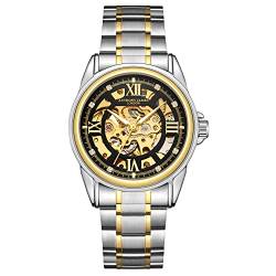 Anthony James Skelett Automatische Armbanduhr für Herren, handmontiert, wasser- und kratzfest, analoge Armbanduhr mit geteiltem Sekundenzähler, Zweifarbiges Gold und Stahl, Armband von Anthony James