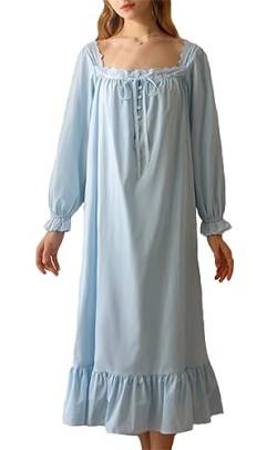 Anvevkn Elegant Baumwolle Damen Nachthemd Kurzarm Vintage Schlafhemd Nachtwäsche Sleepshirt (Blau-a, L) von Anvevkn