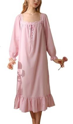Anvevkn Elegant Baumwolle Damen Nachthemd Kurzarm Vintage Schlafhemd Nachtwäsche Sleepshirt (Rosa-a, S) von Anvevkn