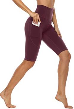 Anwell Kurze Hose High Waist Damen Sommer Kurze Leggins Damen with Pockets Tights 1/2 Sport Blickdicht Hohe Taille mit Tasche Rot XL von Anwell