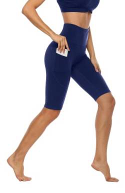 Anwell Sporthose Damen kurz Dunkelblau mit Tasche Sportleggings mit Hohem Bund Stretch Handytasche Tights Navy L von Anwell