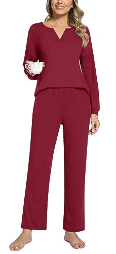 Anyally 2-teilige Damen Herbst Pyjama Sets, Casual Lounge Nachtwäsche Damen Pjs Sets mit Taschen, 2XL Burgund von Anyally