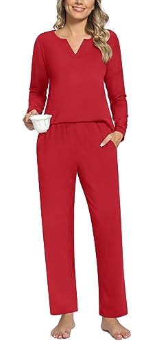 Anyally 2-teilige Damen Herbst Pyjama Sets, Casual Lounge Nachtwäsche Damen Pjs Sets mit Taschen, 2XL Rot von Anyally