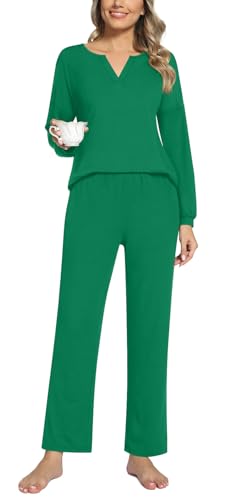 Anyally 2-teilige Damen Herbst Pyjama Sets, Casual Lounge Nachtwäsche Damen Pjs Sets mit Taschen, 3XL Grün von Anyally