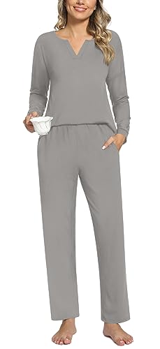Anyally 2-teilige Damen Herbst Pyjama Sets, Casual Lounge Nachtwäsche Damen Pjs Sets mit Taschen, XL Grau von Anyally