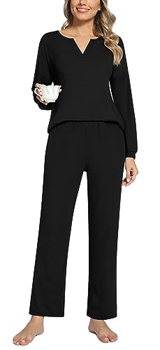 Anyally 2-teilige Damen Herbst Pyjama Sets, Casual Lounge Nachtwäsche Damen Pjs Sets mit Taschen, XL Schwarz von Anyally