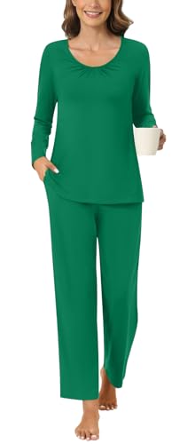 Anyally Damen 2-teilige Herbst Pyjama Set Langarm Hemd und Hose Nachtwäsche Pjs Sets mit Taschen, 2XL Grün von Anyally