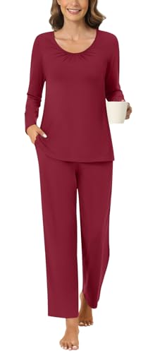 Anyally Damen 2-teilige Herbst Pyjama Set Langarm Hemd und Hose Nachtwäsche Pjs Sets mit Taschen, L Burgund von Anyally