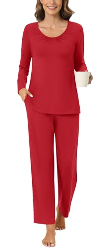 Anyally Damen 2-teilige Herbst Pyjama Set Langarm Hemd und Hose Nachtwäsche Pjs Sets mit Taschen, XL Rot von Anyally