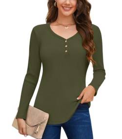 Anyally Damen Langarm Pullover Casual Herbst Henley Knopfleiste Blusen Basic Rippstrick T-Shirts, Henley Olivgrün, M von Anyally