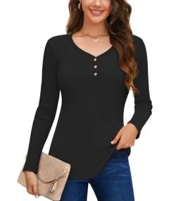 Anyally Damen Langarm Pullover Casual Herbst Henley Knopfleiste Blusen Basic Rippstrick T-Shirts, Henley Schwarz, Large von Anyally