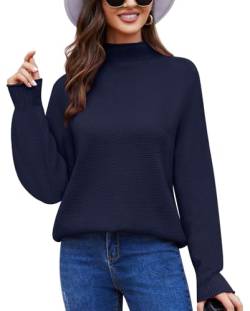 Anyally Damen Pullover Rollkragen Oversized Fledermaus Langarm Sweatshirt Lose Grobstrick Casual Sweater,2XL Marineblau von Anyally